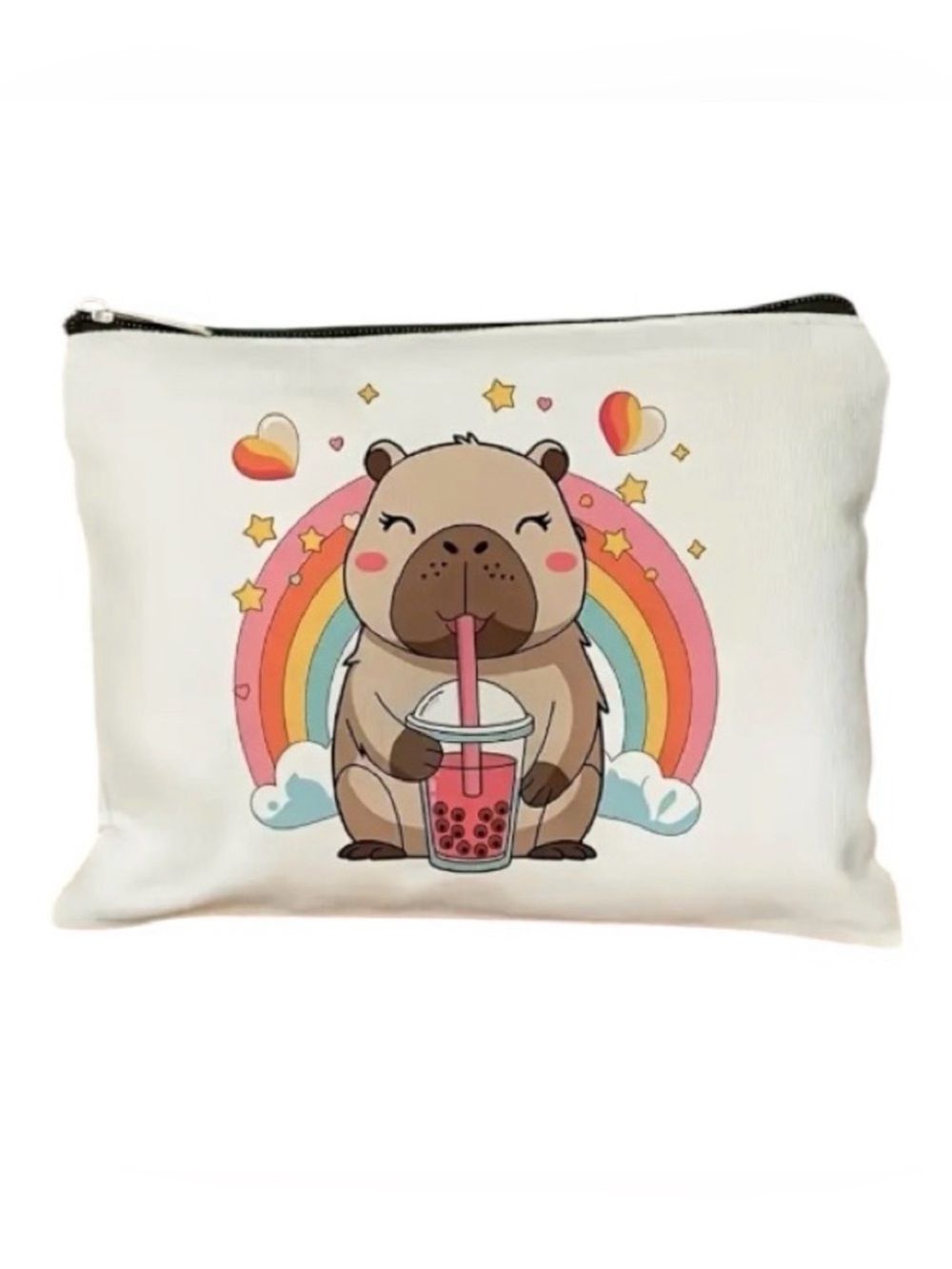 Capybara Bubble Tea Rainbow Makeup Bag Travel Toiletries Pencil Case Pouch NWOT